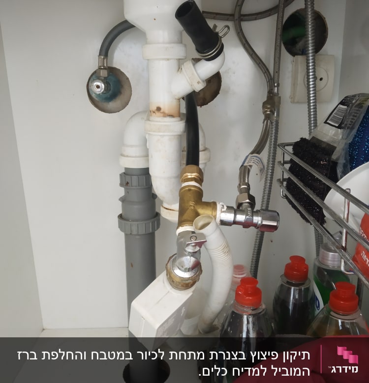 צנרת מתחת לכיור עם ברזים וצינורות